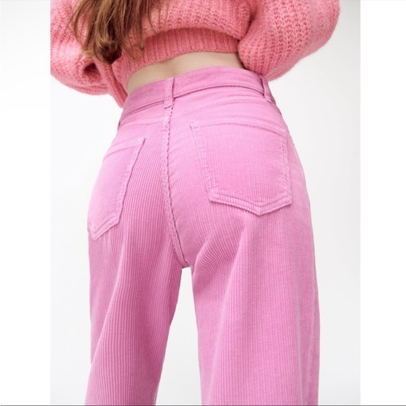 ZARA Bubblegum Pink Wide Leg High-Rise High Waisted Corduroy Pants Sz 0 Fit 00 - Picture 4 of 15